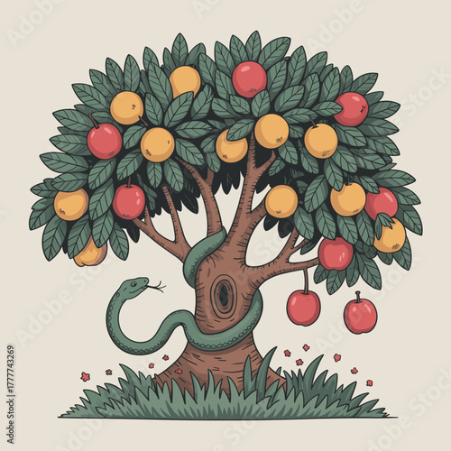 Tree with colorful fruit and snake coiled around the trunk  