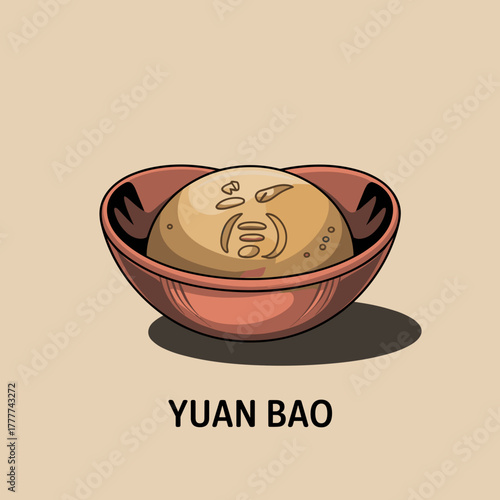 Yuan Bao ingot in brown bowl on plain background  