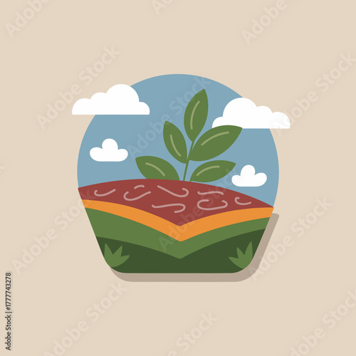 Colorful illustration of a plant growing on fertile soil with clouds  