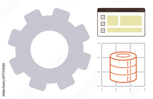 Gear representing process, checklist in a browser interface, and database icon on a grid. Ideal for data processing, organization, analytics, workflow, automation, back-end management