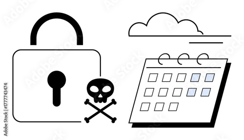 Padlock with cloud, skull symbol, and calendar illustrating data security, hacking, system threat. Ideal for cybersecurity, cloud storage risks, planning, digital safety hacking threat management