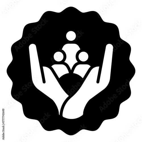 Sticker with people crowd in hands solid icon, communication concept. Vector graphics. Quality of service sticker, seal sign on white background, style icon mobile or web design.