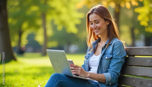 Smiling woman using a laptop on a park bench surrounded by green trees on a sunny day outdoors