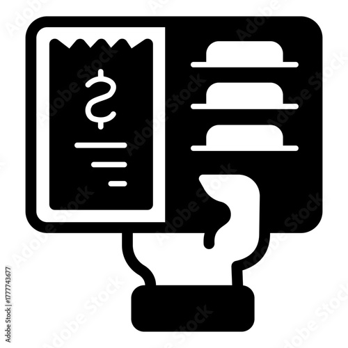 Hand with wallet solid icon, finance concept. Vector graphics. Purse with bill and credit cards in hand, cash sign on white background, style icon mobile or web design.