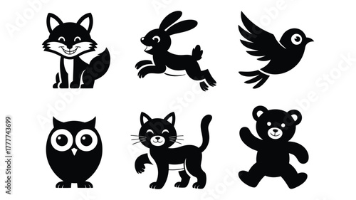 Vector Collection of cute animal silhouettes, featuring a fox, rabbit, bird, owl, cat, and teddy bear in black and white