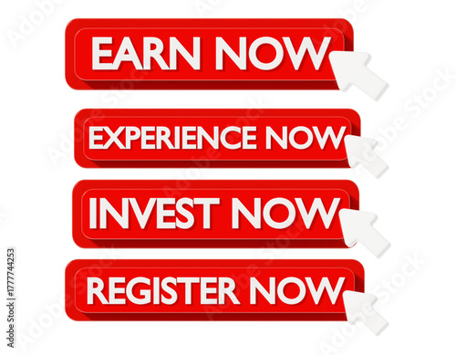 A set of four red rectangular call-to-action web buttons with mouse cursor icons.