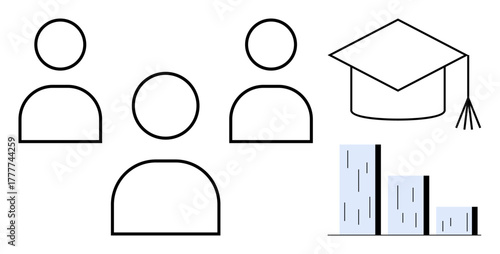 Group of three people, graduation cap, bar chart in linear art style. Ideal for teamwork, education, success, analysis, statistics, career and progress in a simple flat metaphor
