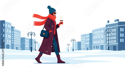 Flat vector of stylish woman walking confidently through snowy city street, holding warm coffee, wearing long coat and scarf, modern winter lifestyle scene in solid vivid colors