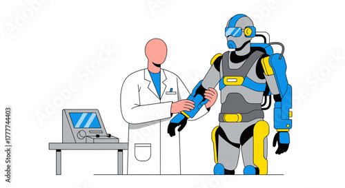 Medical Professional Examines Futuristic Powered Exoskeleton for Enhanced Human Performance