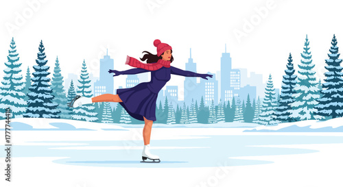 Flat vector of confident woman ice skating on frozen lake surrounded by pine trees, elegant pose and peaceful winter nature atmosphere, solid vivid colors