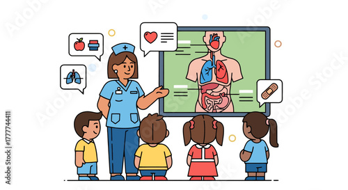 Medical Class: Nurse Explains The Human Body System To Young Students With Visual Aids