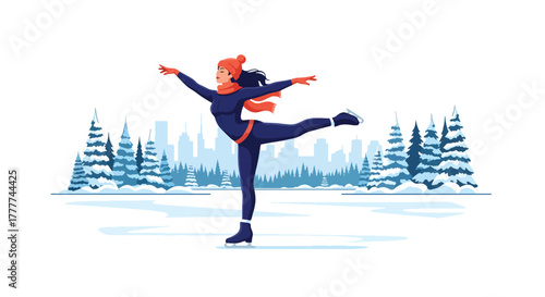 Flat vector of confident woman ice skating on frozen lake surrounded by pine trees, elegant pose and peaceful winter nature atmosphere, solid vivid colors