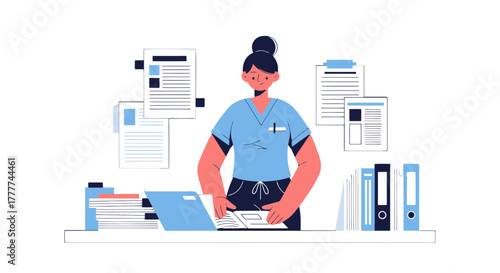 Medical Professional Examining Documents Surrounding Her Administrative Workplace Design