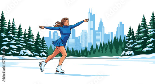 Flat vector of confident woman ice skating on frozen lake surrounded by pine trees, elegant pose and peaceful winter nature atmosphere, solid vivid colors