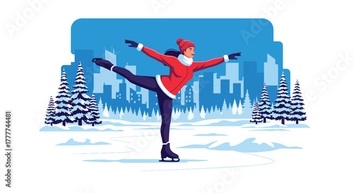Flat vector of confident woman ice skating on frozen lake surrounded by pine trees, elegant pose and peaceful winter nature atmosphere, solid vivid colors