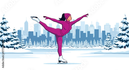 Flat vector of confident woman ice skating on frozen lake surrounded by pine trees, elegant pose and peaceful winter nature atmosphere, solid vivid colors