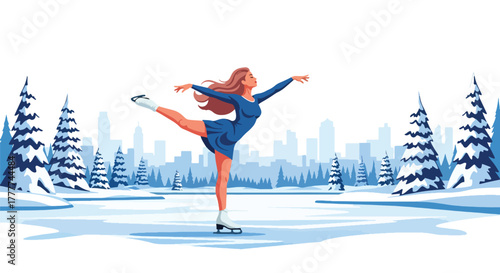 Flat vector of confident woman ice skating on frozen lake surrounded by pine trees, elegant pose and peaceful winter nature atmosphere, solid vivid colors
