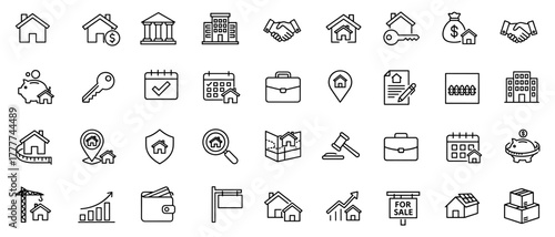 Real Estate and Property Icons Collection Set Minimalist Line Art Depicting Home Ownership Investment Mortgages and Housing Market Concepts Great for Finance Websites