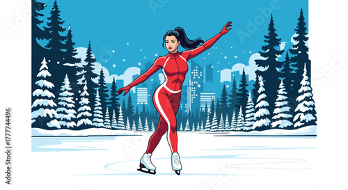 Flat vector of confident woman ice skating on frozen lake surrounded by pine trees, elegant pose and peaceful winter nature atmosphere, solid vivid colors