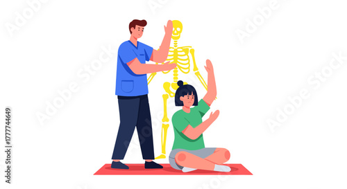 Medical Professional Explains Human Anatomy To Patient with Illuminated Skeleton Model