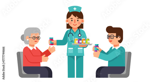 Medical Professional Healthcare Providing Medicine Treatment To Elderly Patients Illustration