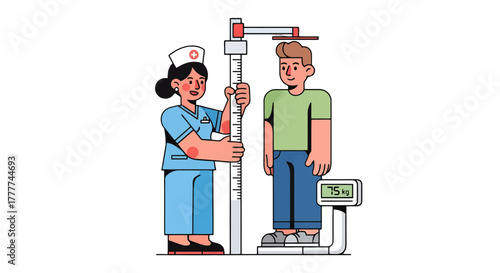 Medical Examination Illustration: Nurse Measuring Patient Height and Weight on Black Background