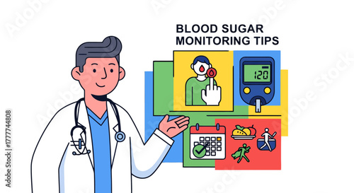 Medical Illustration Featuring Doctor Guiding On Blood Sugar Monitoring and Health