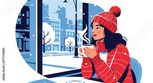 Flat vector of woman drinking coffee inside cozy winter café, large window showing snow outside, peaceful moment of comfort and warmth