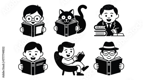 Vector collection of charming cartoon characters engrossed in reading books