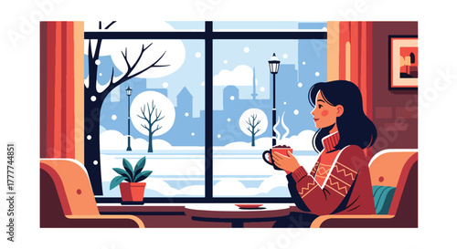 Flat vector of woman drinking coffee inside cozy winter café, large window showing snow outside, peaceful moment of comfort and warmth
