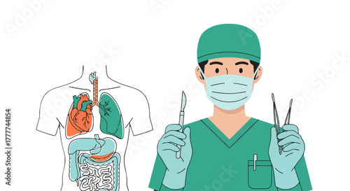 Medical Illustration Featuring Surgeon With Tools and Anatomical Diagram of Human Body