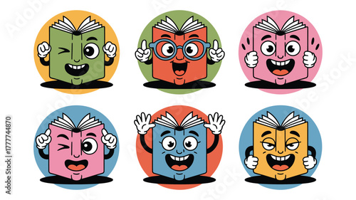 A vibrant collection of cartoon book characters with expressive faces and retro style