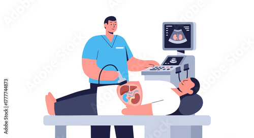 Medical Professional Performing Ultrasound Examination of Patient's Internal Organs for Diagnostic