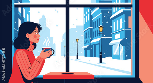 Flat vector of woman drinking coffee inside cozy winter café, large window showing snow outside, peaceful moment of comfort and warmth