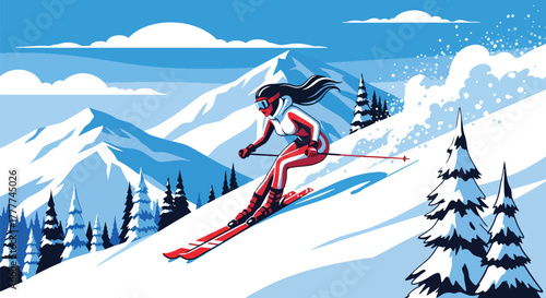 Flat vector of confident woman skiing down snowy mountain slope, action pose and winter adventure energy in flat bold style