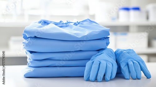A neat stack of sterile blue isolation gowns and gloves in healthcare