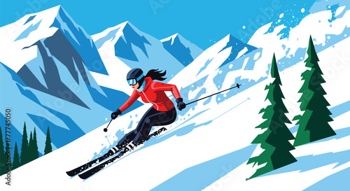 Flat vector of confident woman skiing down snowy mountain slope, action pose and winter adventure energy in flat bold style