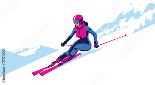 Flat vector of confident woman skiing down snowy mountain slope, action pose and winter adventure energy in flat bold style
