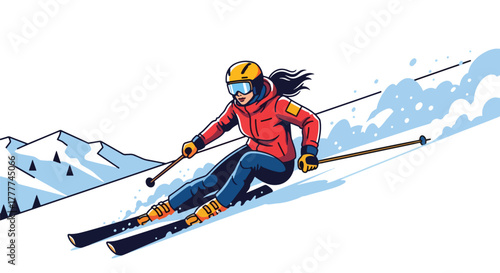 Flat vector of confident woman skiing down snowy mountain slope, action pose and winter adventure energy in flat bold style