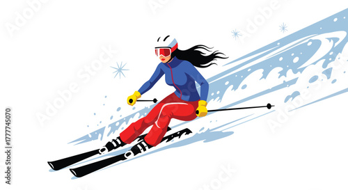 Flat vector of confident woman skiing down snowy mountain slope, action pose and winter adventure energy in flat bold style