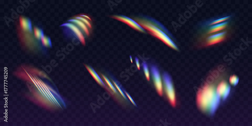 Set of abstract transparent rainbow highlights on a dark background