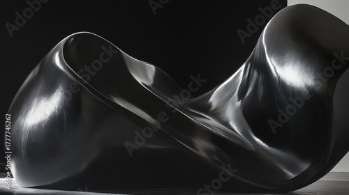 Abstract Obsidian Sculpture With Shiny Metallic Surface