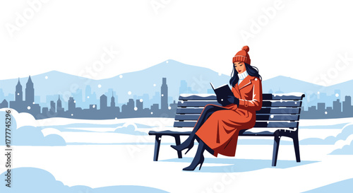 Flat vector of woman reading book on snow-covered park bench, peaceful winter break with scarf, boots, and warm drink beside her
