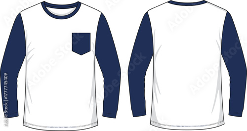 Raglan sleeve shirt, long sleeve top, white body, blue sleeves, chest pocket, fashion apparel, casual wear, vector illustration