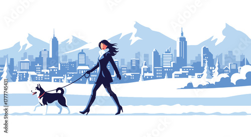 Flat vector of woman walking her dog along snowy path in winter park, soft snow on trees, peaceful outdoor activity