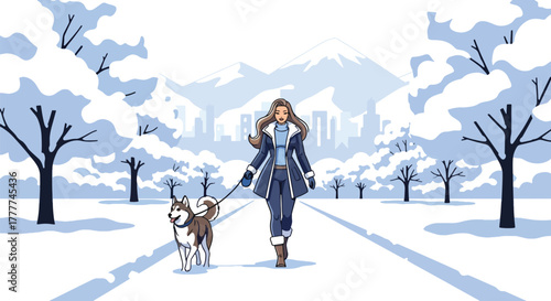 Flat vector of woman walking her dog along snowy path in winter park, soft snow on trees, peaceful outdoor activity