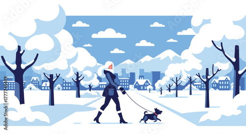 Flat vector of woman walking her dog along snowy path in winter park, soft snow on trees, peaceful outdoor activity