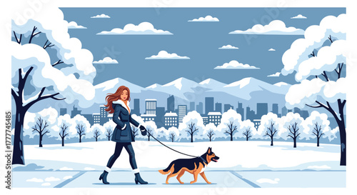 Flat vector of woman walking her dog along snowy path in winter park, soft snow on trees, peaceful outdoor activity