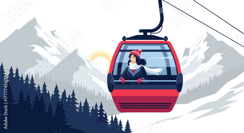 Flat vector of woman sitting inside winter cable car looking at snowy mountain landscape, serene travel adventure moment