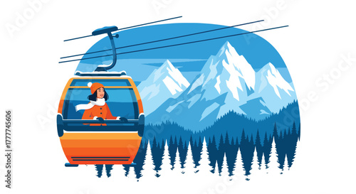 Flat vector of woman sitting inside winter cable car looking at snowy mountain landscape, serene travel adventure moment